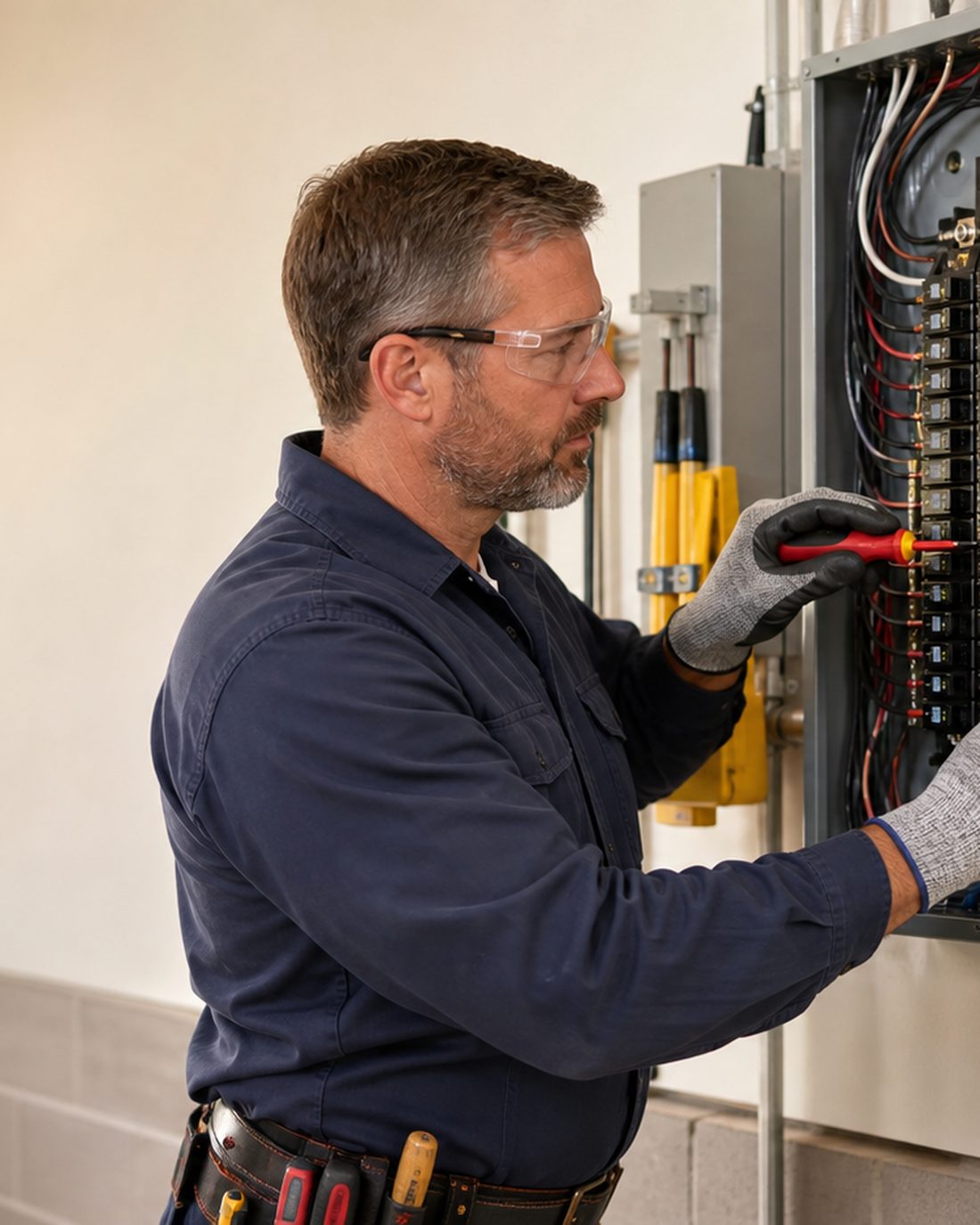 Electrician servicing a residential breaker panel in a garage