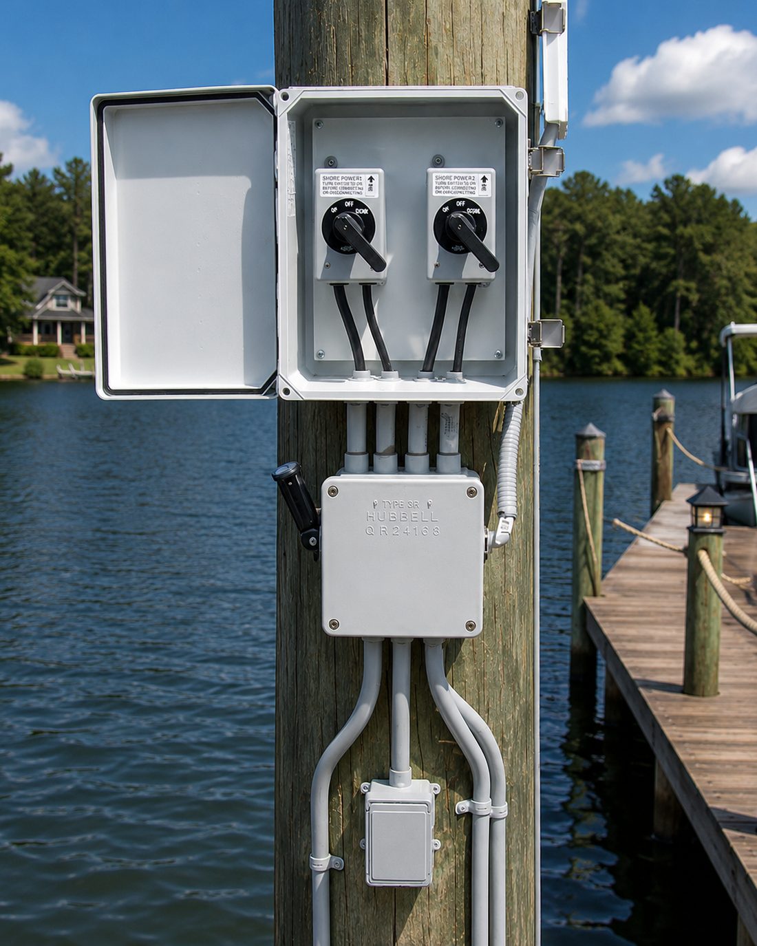 Weatherproof dock enclosure with shore power disconnect switches and PVC conduit run down a piling