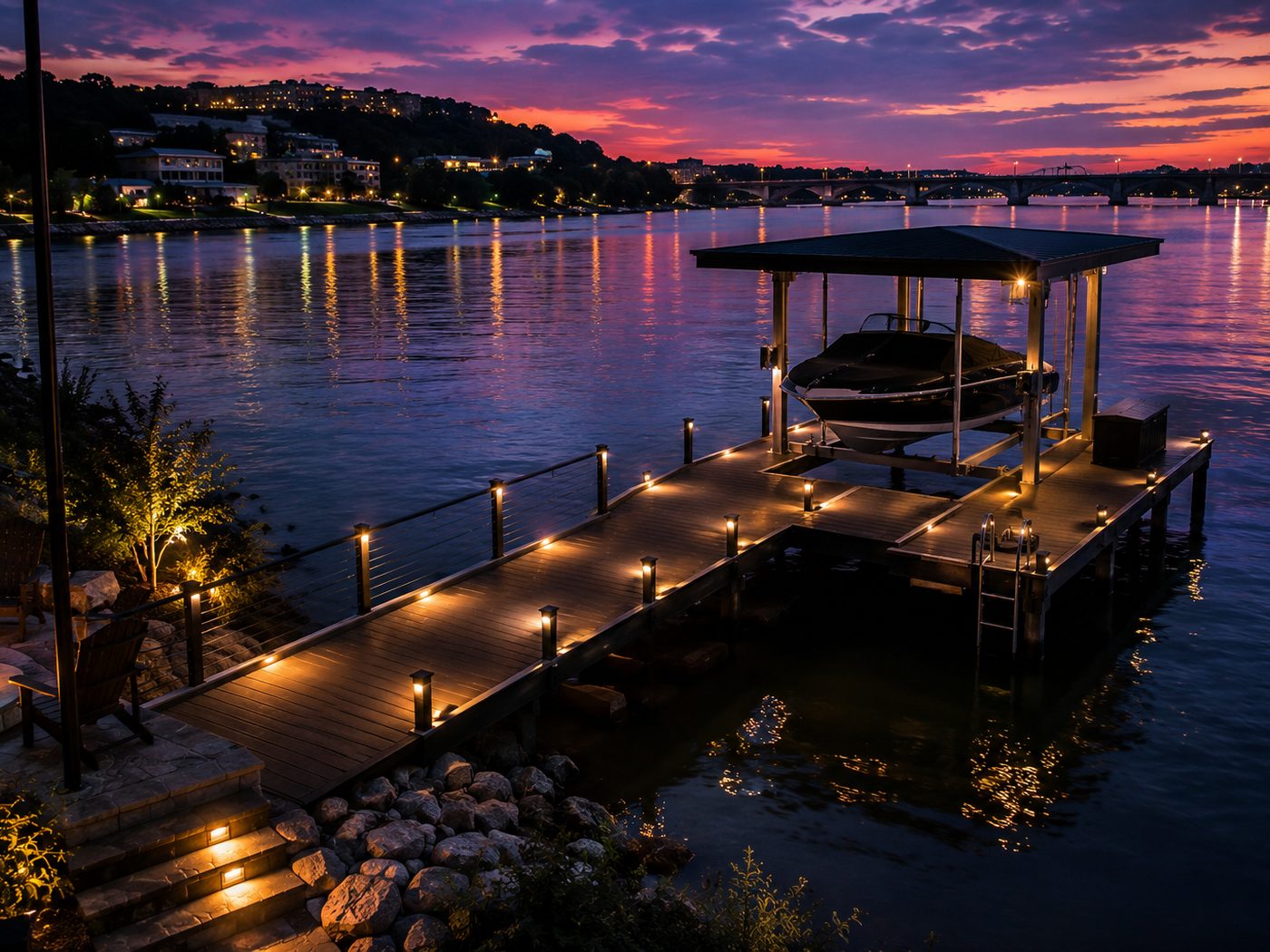 Boat on a lift under a covered slip, with post lights along the lit dock