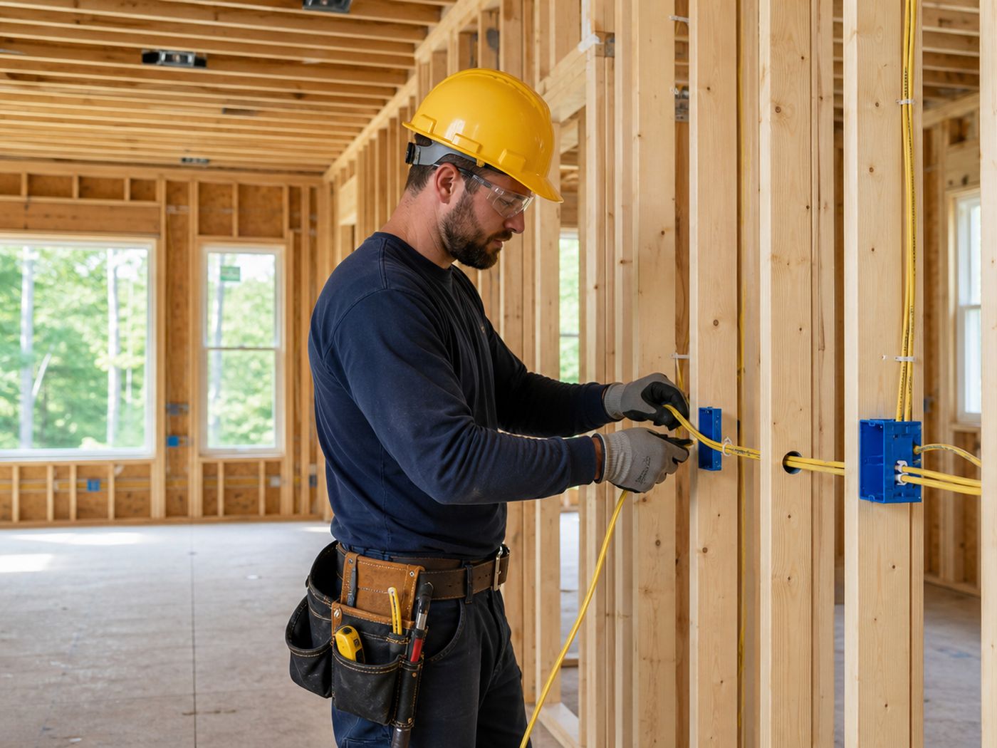 Electrician pulling wire to device boxes during new construction rough-in
