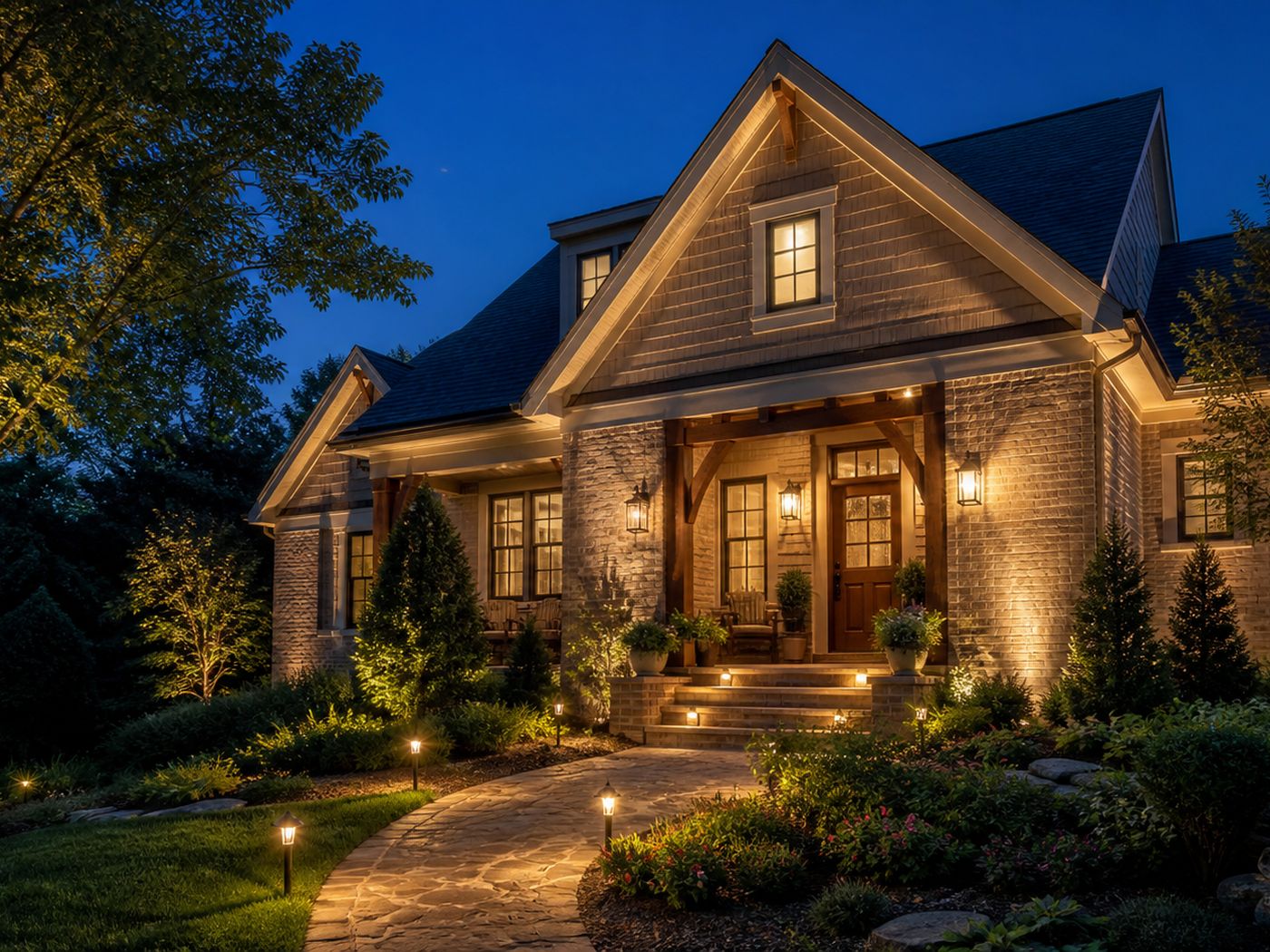 Home exterior at night with landscape path lighting, tree uplighting and lit entry
