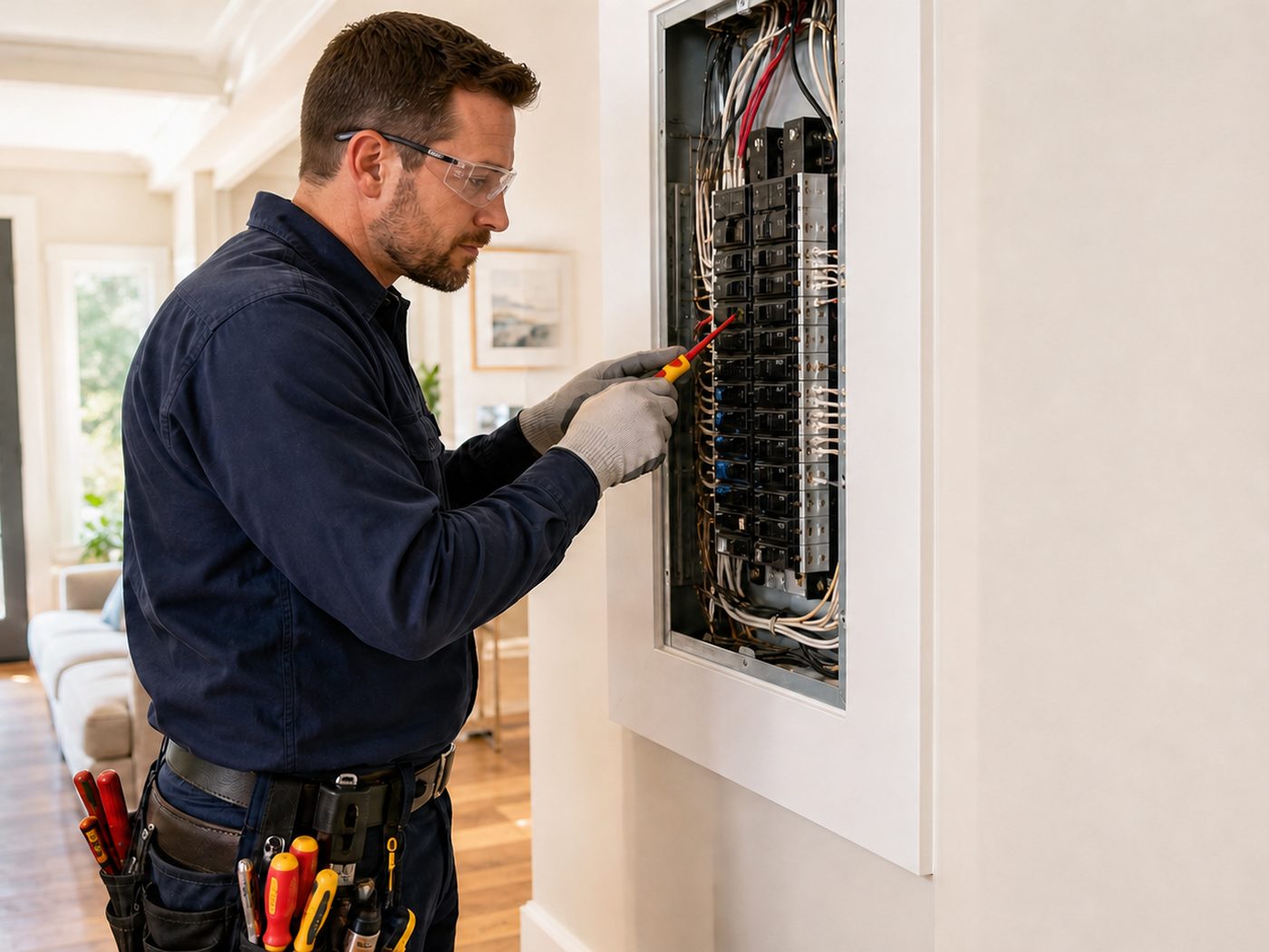 Electrician testing a residential breaker panel inside a home