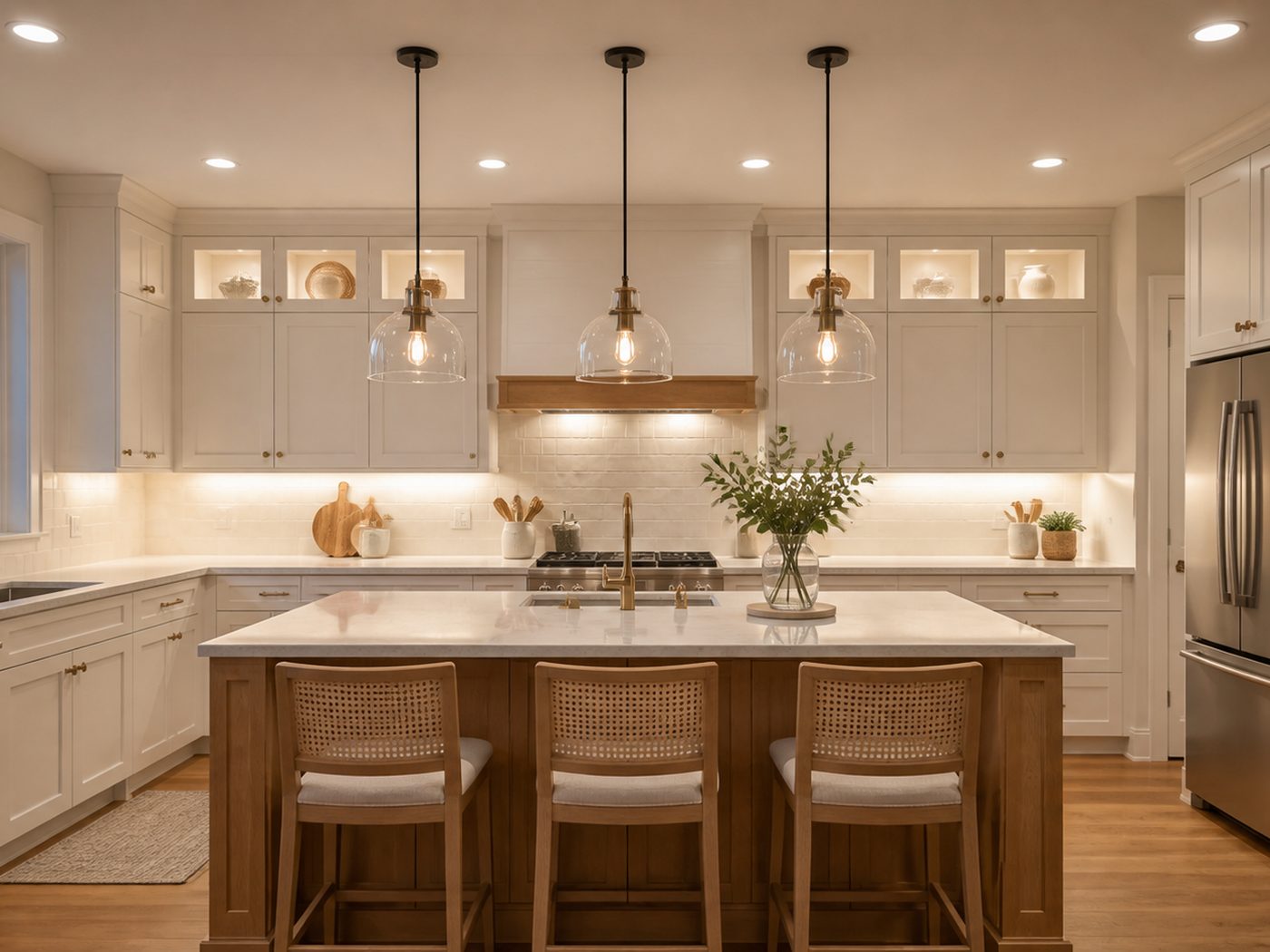 Remodeled kitchen with recessed cans, pendant lights and under-cabinet lighting