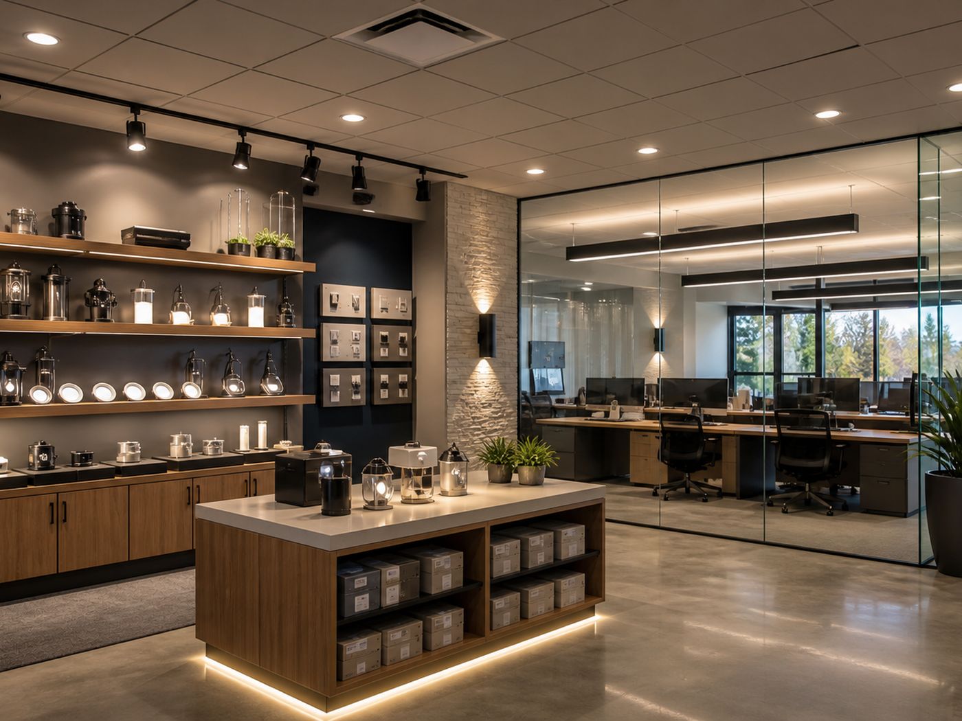 Commercial showroom and office with track lighting, recessed cans and linear pendant fixtures